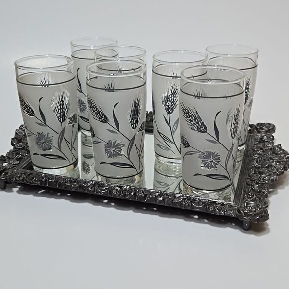 Libbey Gray Wheat Frosted Juice Glasses Vintage Wildflowers Frosted Mini 4 oz - Picture 1 of 16